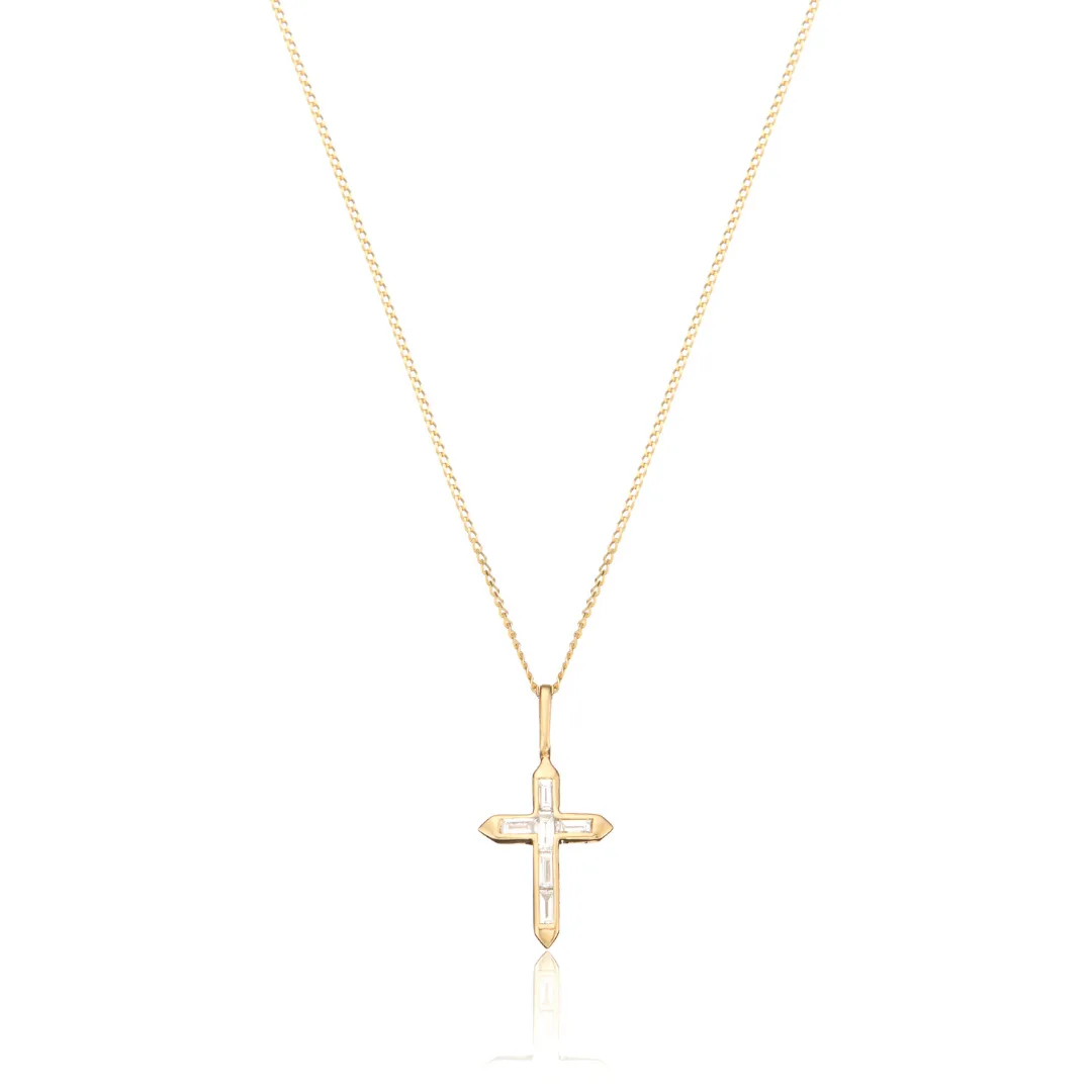 Gold Baguette Diamond Style Tiny Cross Necklace