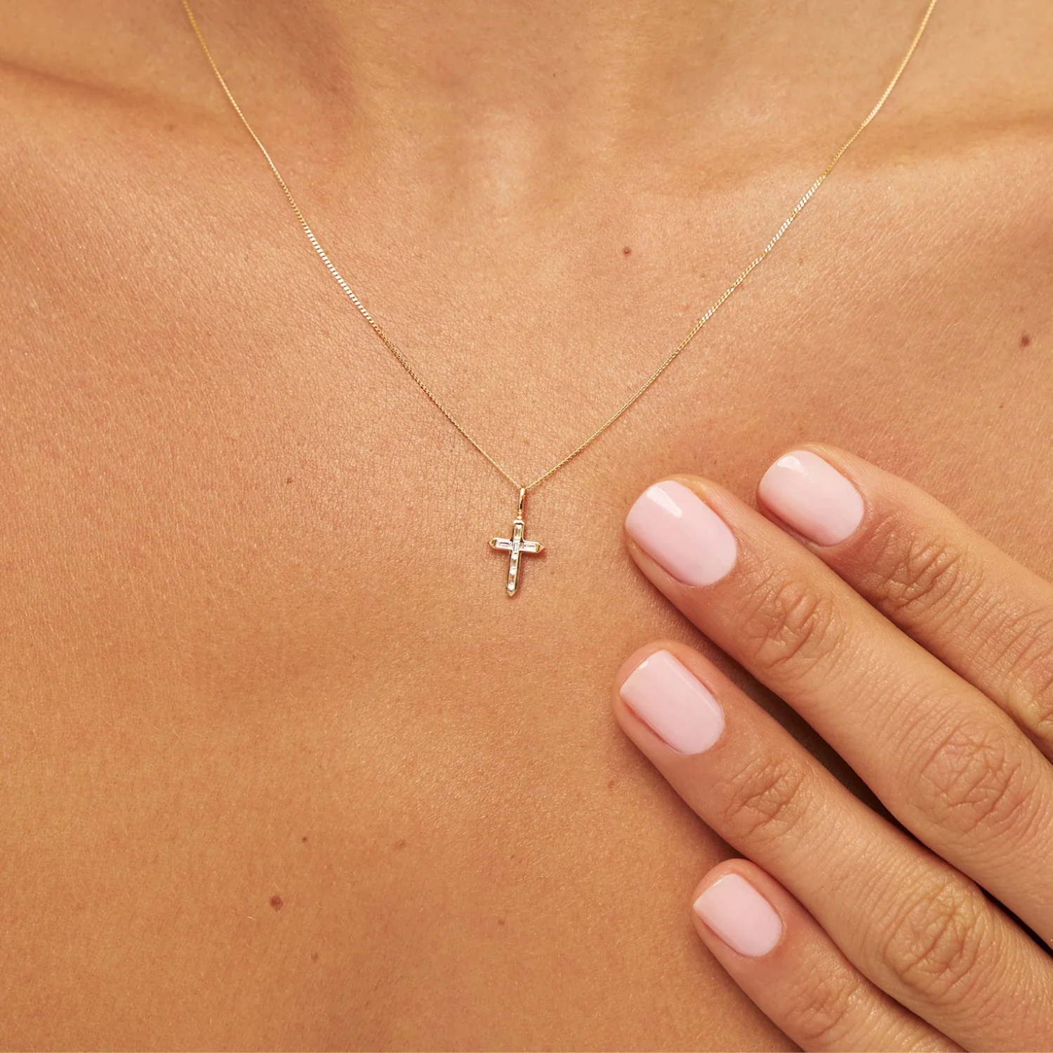 Gold Individual Baguette Diamond Style Tiny Cross Charm - Image 2