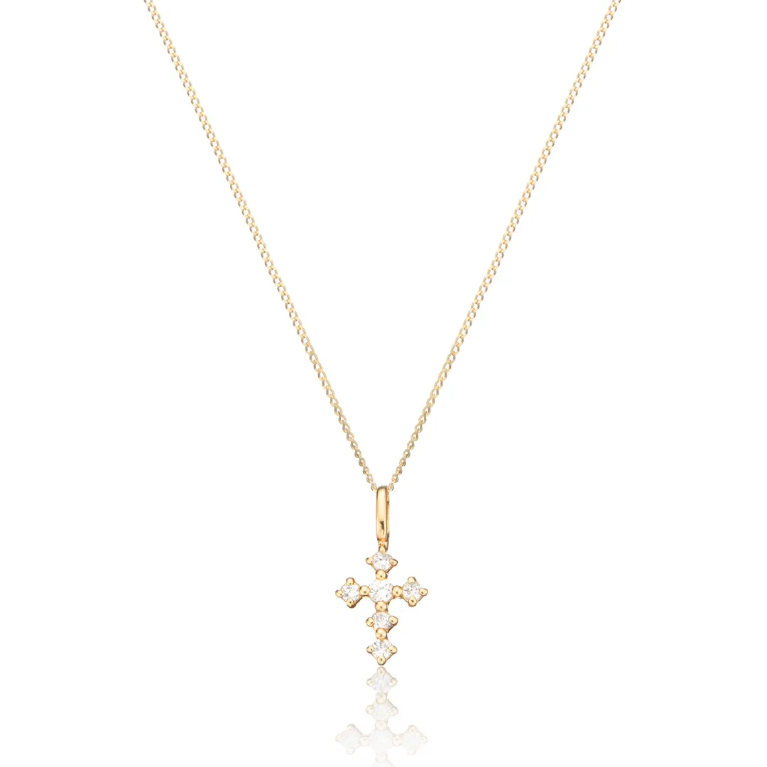 Solid Gold Brilliant Genuine Diamond Tiny Cross Necklace