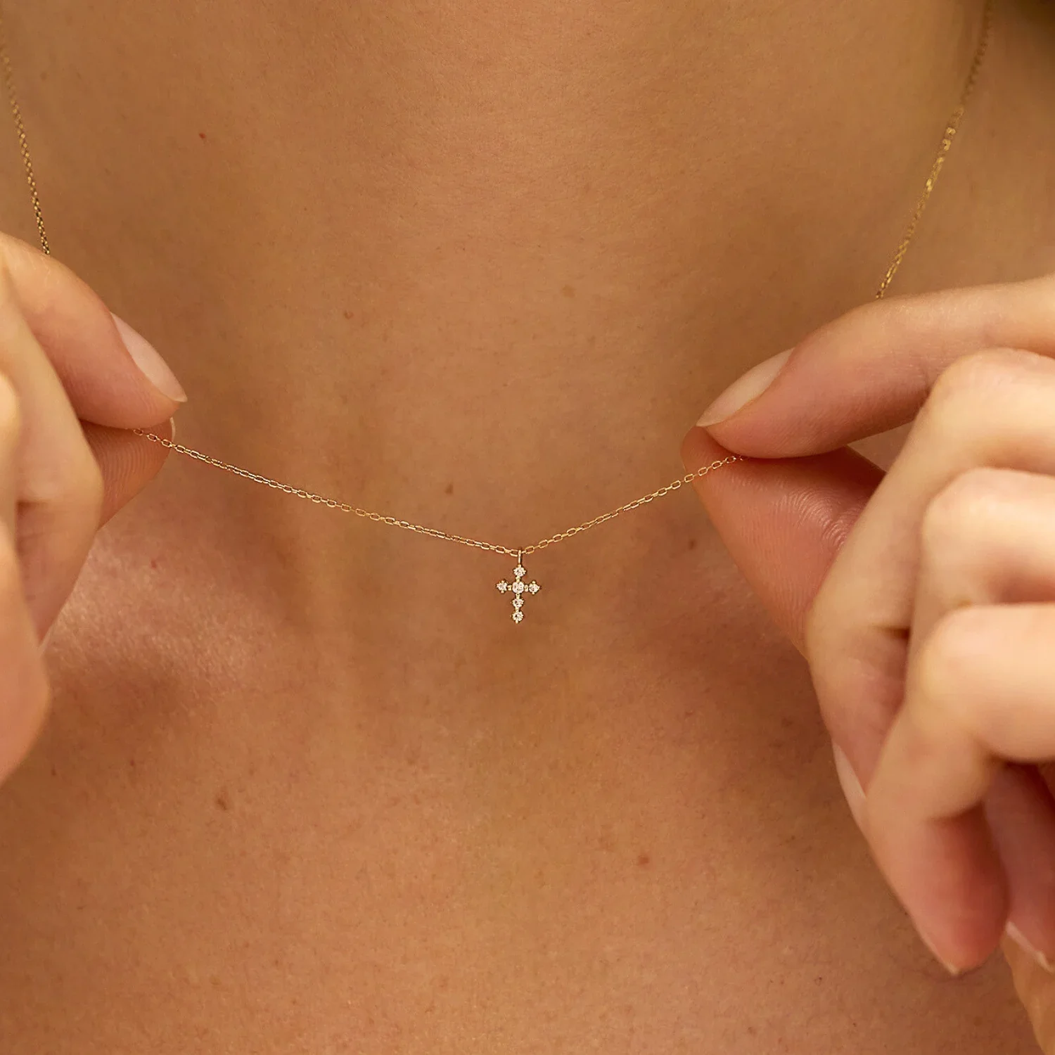 Solid Gold Brilliant Genuine Diamond Tiny Cross Necklace - Image 2