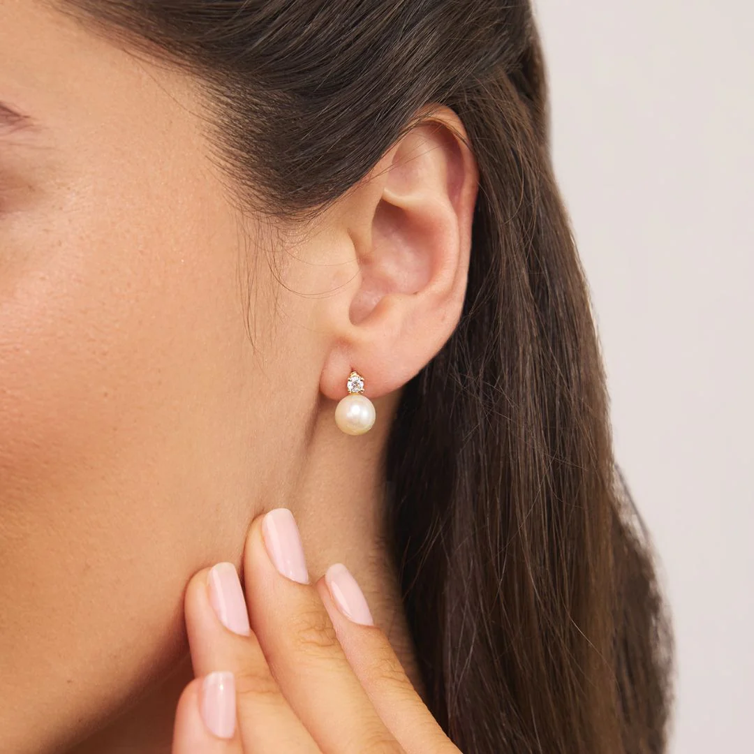 Gold Diamond Style and Pearl Stud Earrings - Image 2