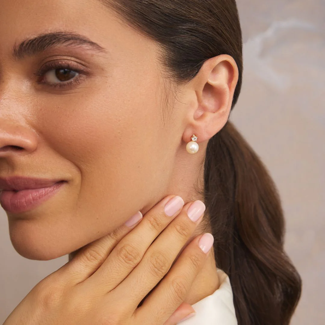 Gold Diamond Style and Pearl Stud Earrings - Image 3