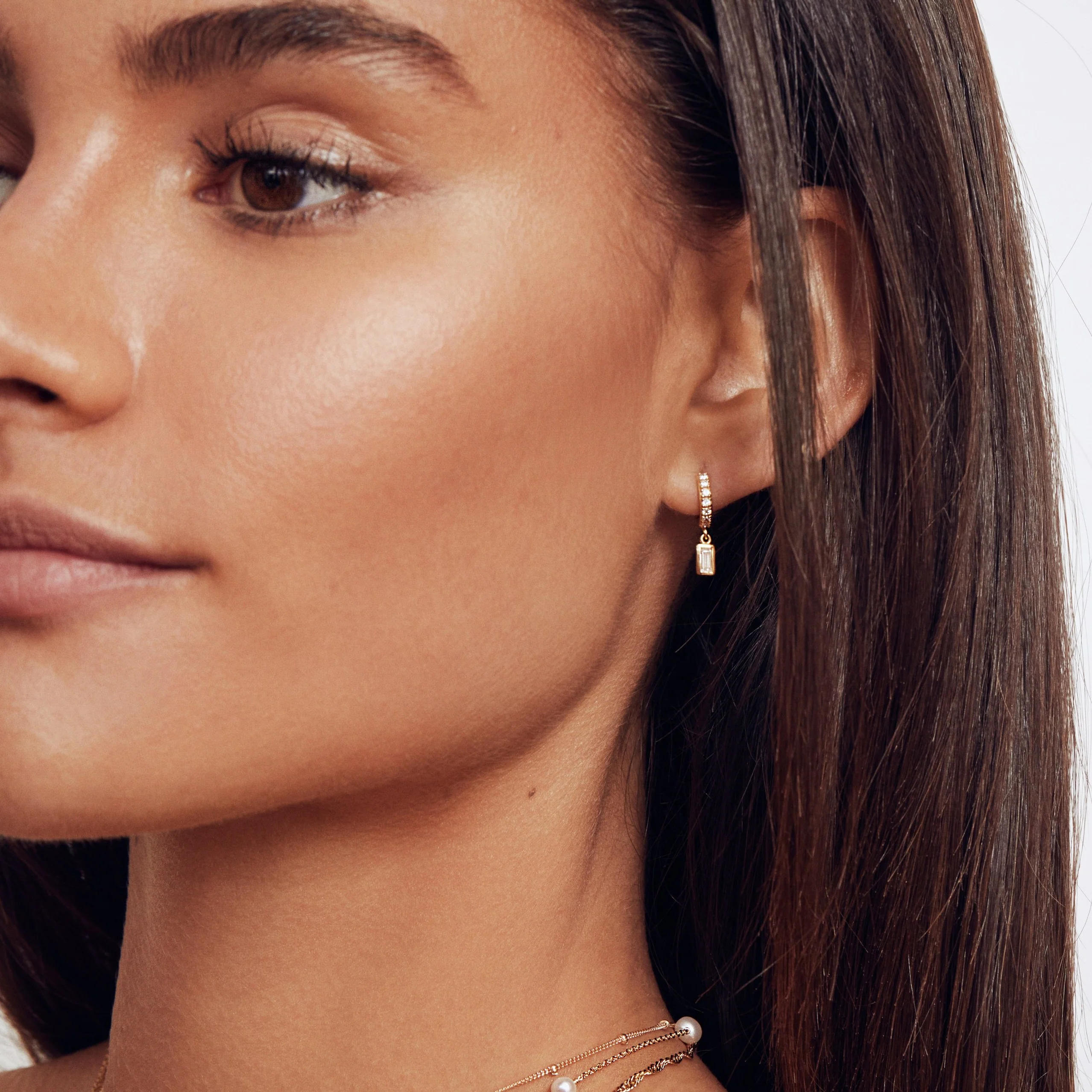 Gold Diamond Style Baguette Drop Huggie Hoop Earrings - Image 2
