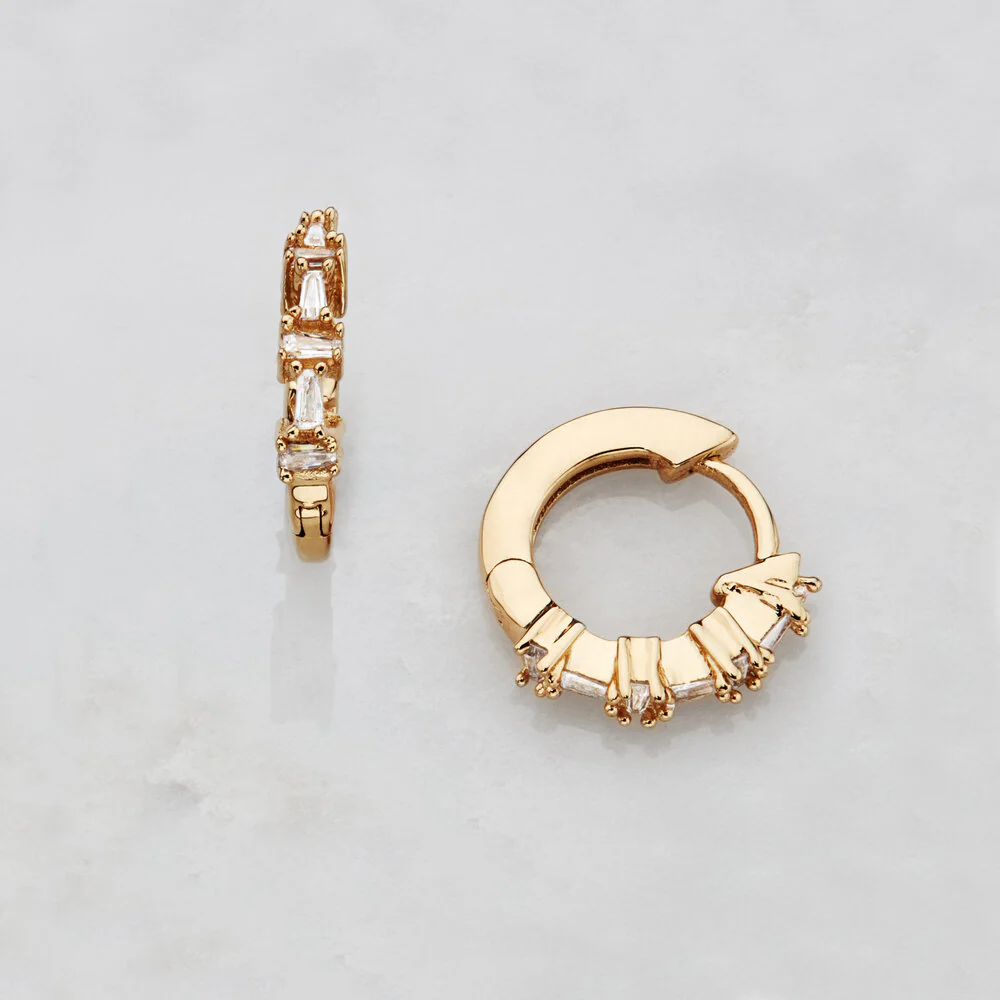 Gold Diamond Style Baguette Huggie Hoop Earrings - Image 6