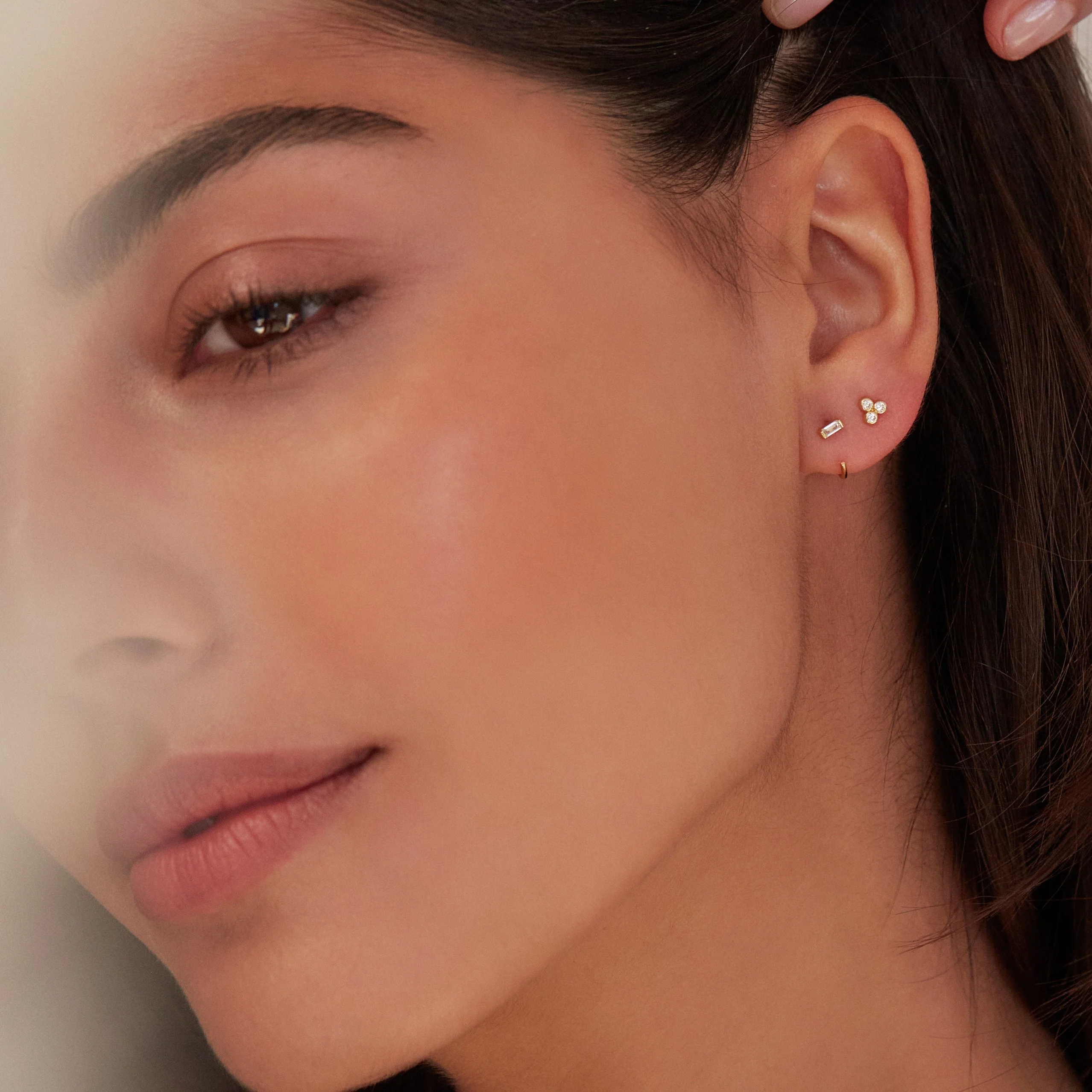 Gold Diamond Style Baguette Lobe Hoop Earrings - Image 2