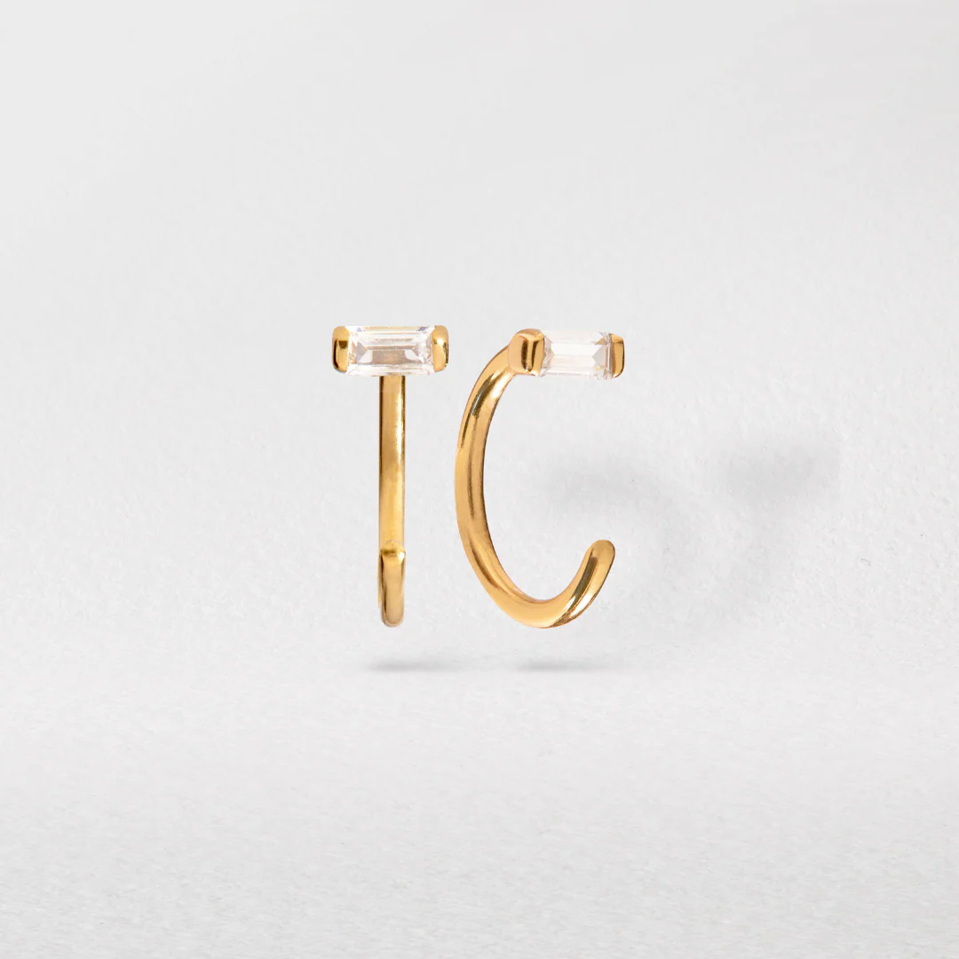 Gold Diamond Style Baguette Lobe Hoop Earrings - Image 3