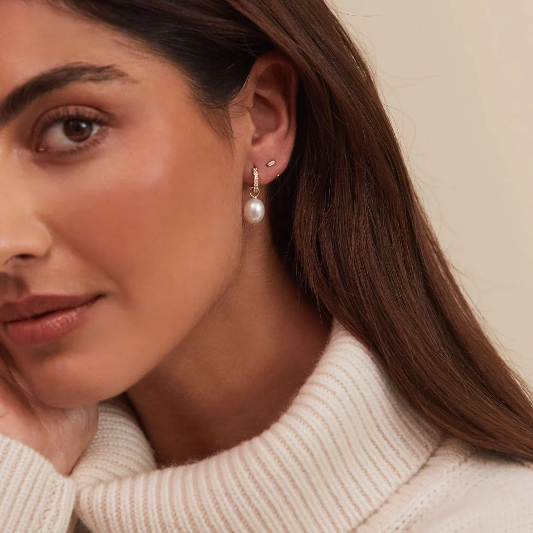 Gold Diamond Style Baguette Lobe Hoop Earrings - Image 4