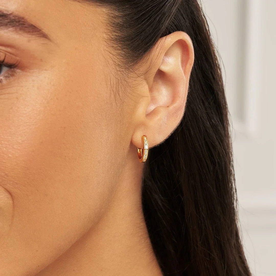 Gold Diamond Style Baguette Medium Hoop Earrings - Image 2