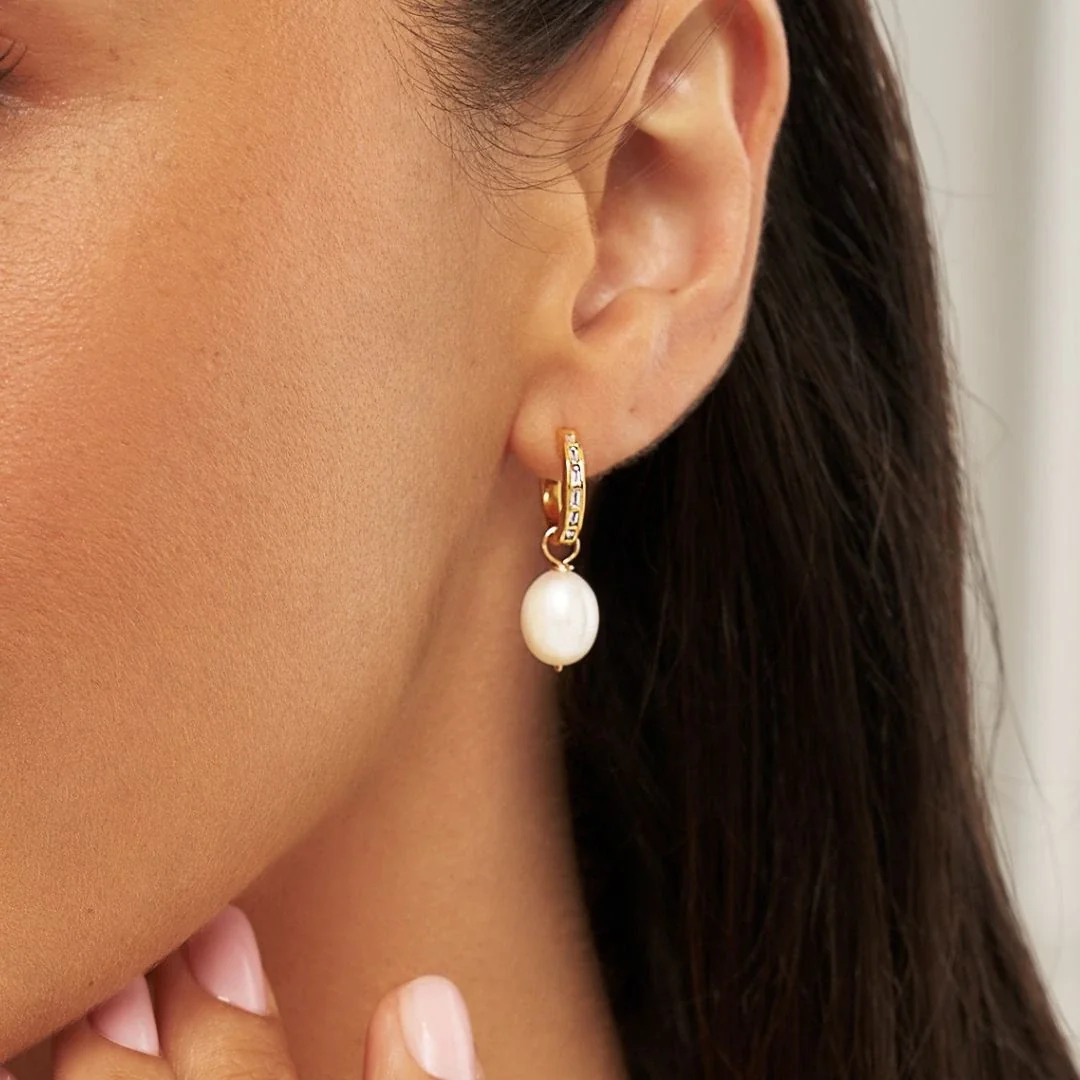 Gold Diamond Style Baguette Pearl Drop Hoop Earrings - Image 2