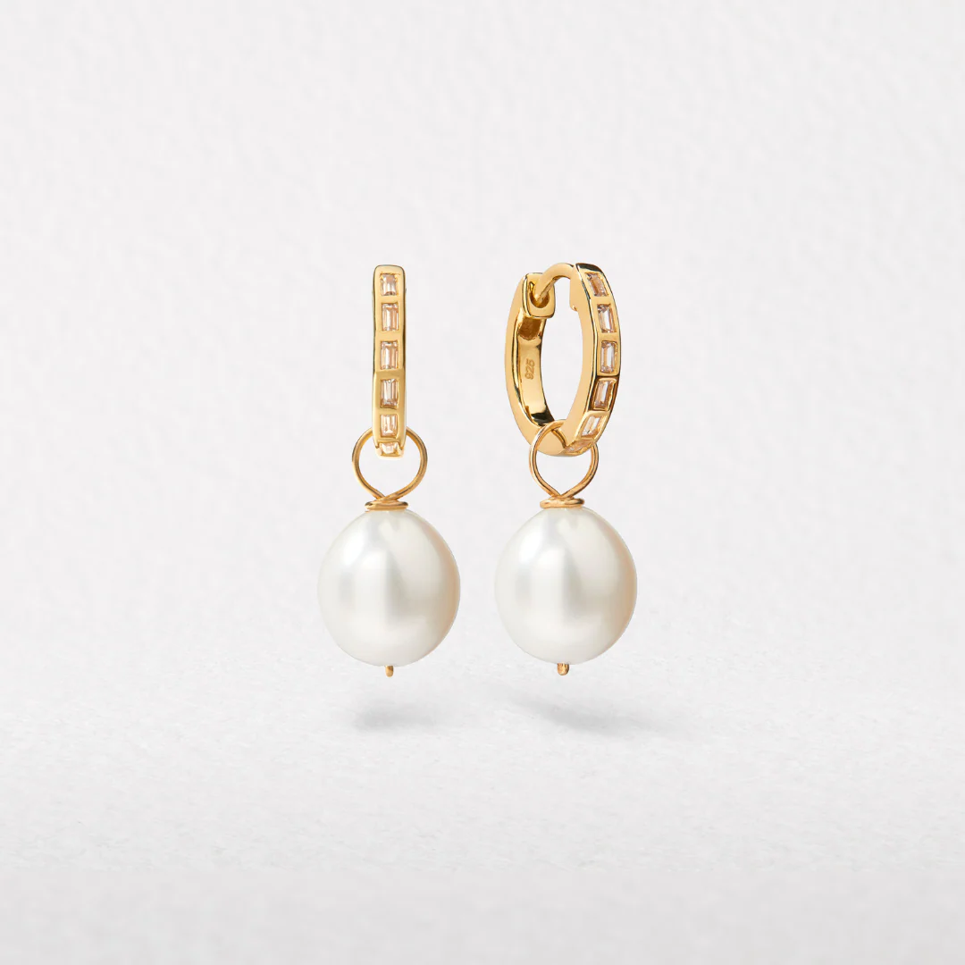 Gold Diamond Style Baguette Pearl Drop Hoop Earrings - Image 6