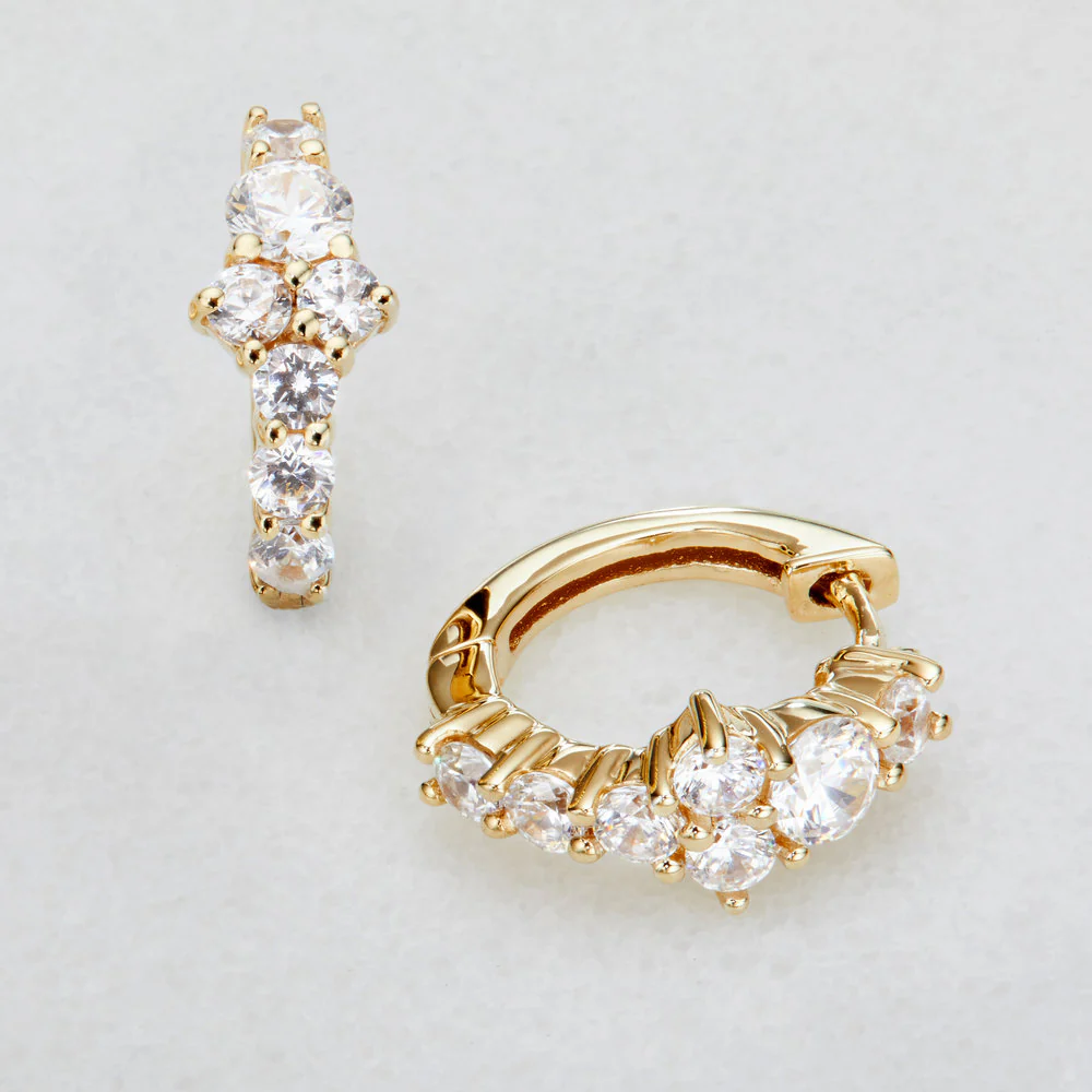 Gold Diamond Style Cluster Huggie Hoop Earrings - Image 3
