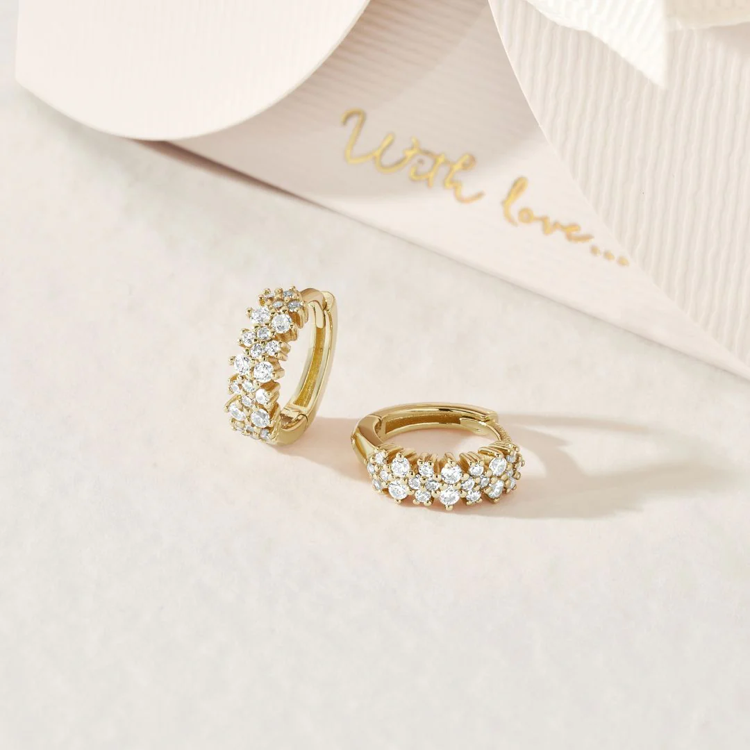 Gold Diamond Style Double Cluster Huggie Hoop Earrings - Image 5