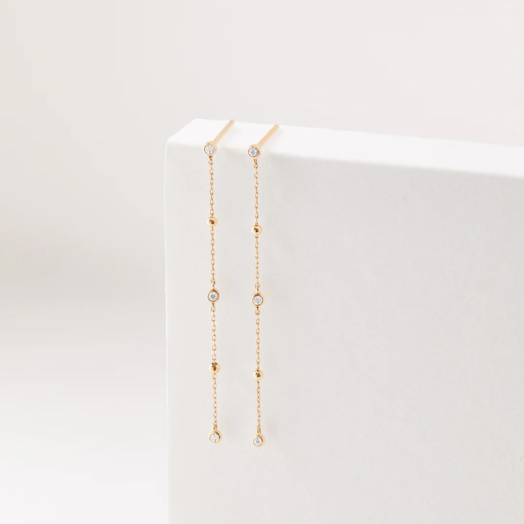 Gold Diamond Style Drop Satellite Stud Earrings - Image 4