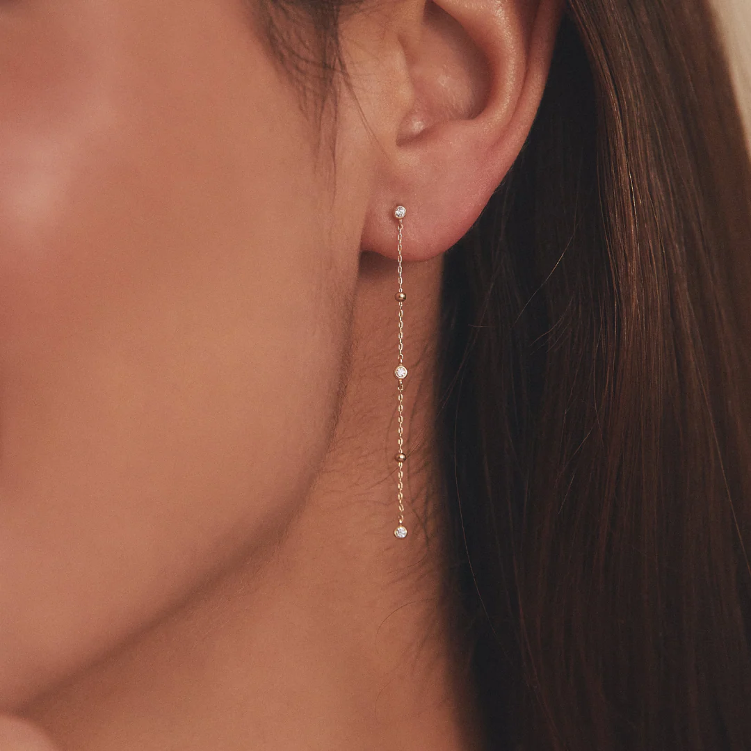 Gold Diamond Style Drop Satellite Stud Earrings - Image 5