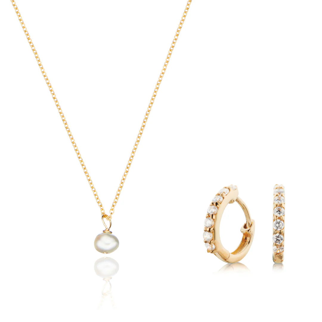 Gold Diamond Style Huggies and Single Pearl Necklace Gift Set