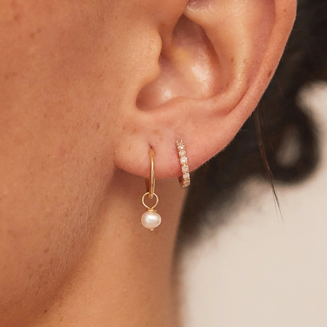 Gold Diamond Style Huggies and Small Pearl Drop Hoop Earrings Gift Set - Image 2