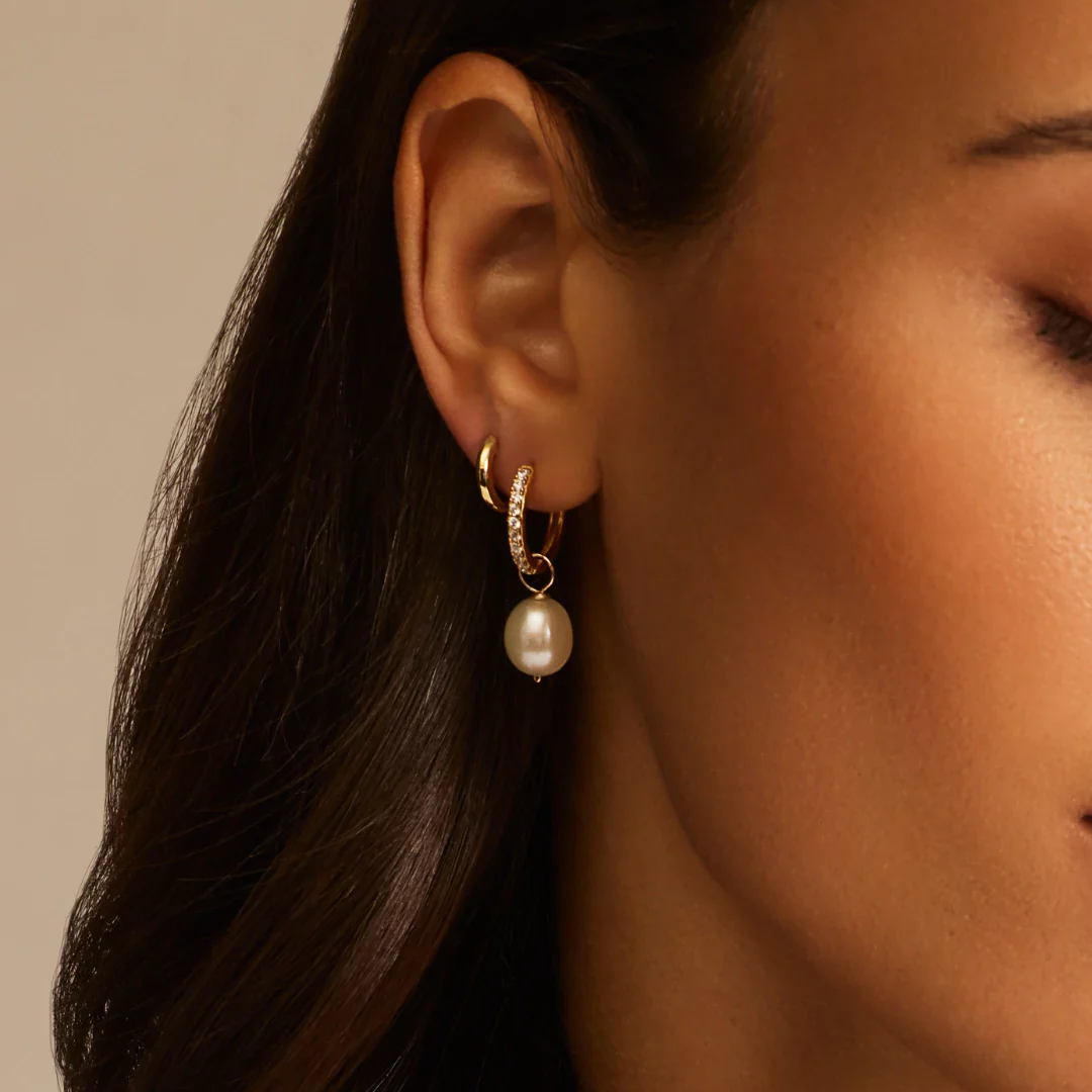 Gold Diamond Style Large Pearl Drop Hoop Earrings - Image 10