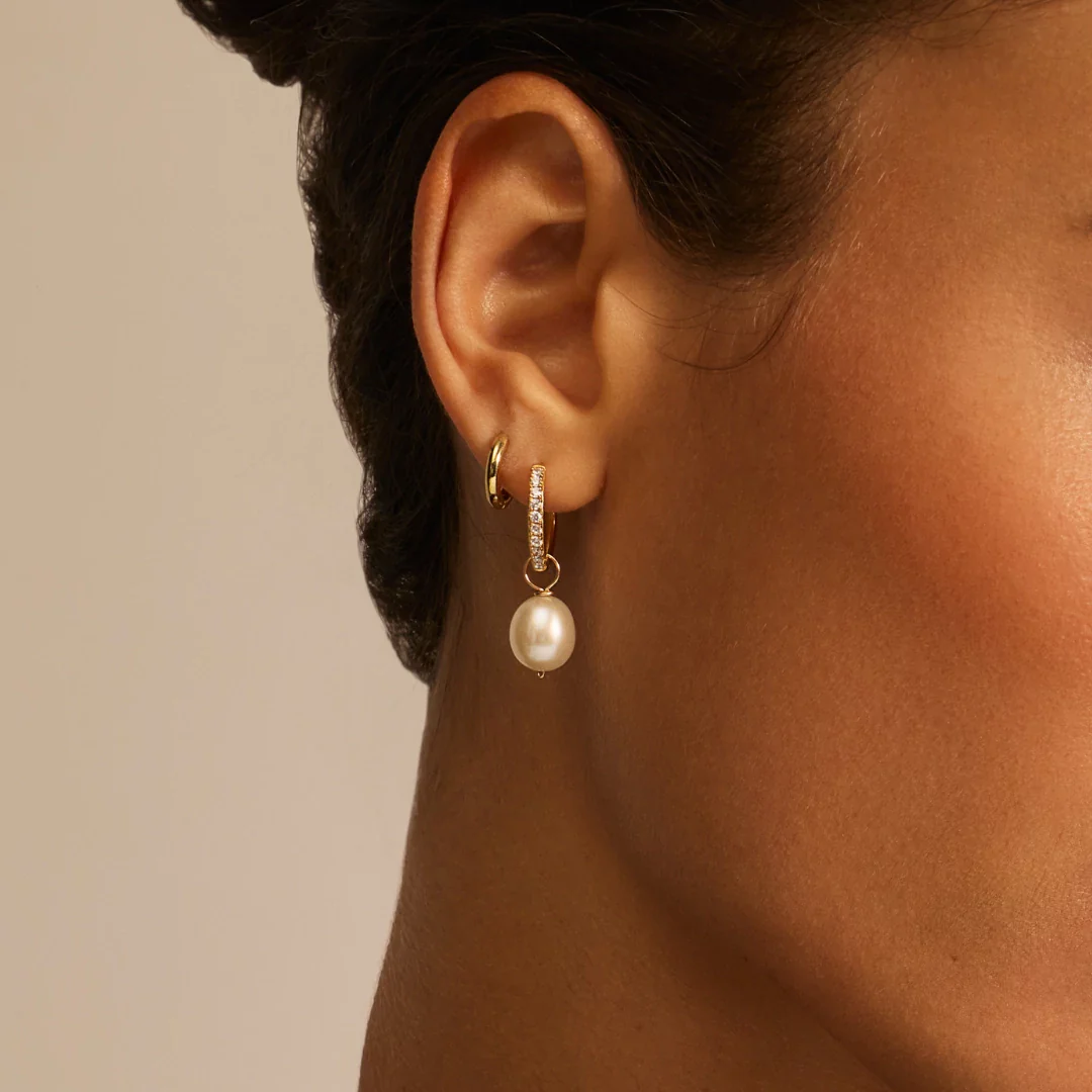 Gold Diamond Style Large Pearl Drop Hoop Earrings - Image 11