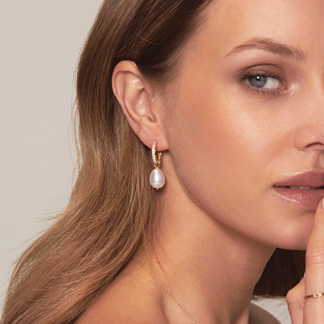 Gold Diamond Style Large Pearl Drop Hoop Earrings - Image 13