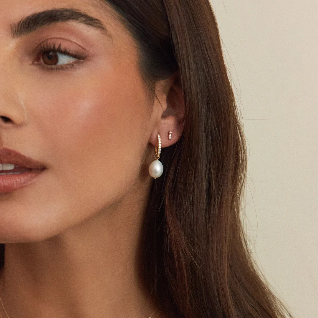 Gold Diamond Style Large Pearl Drop Hoop Earrings - Image 17