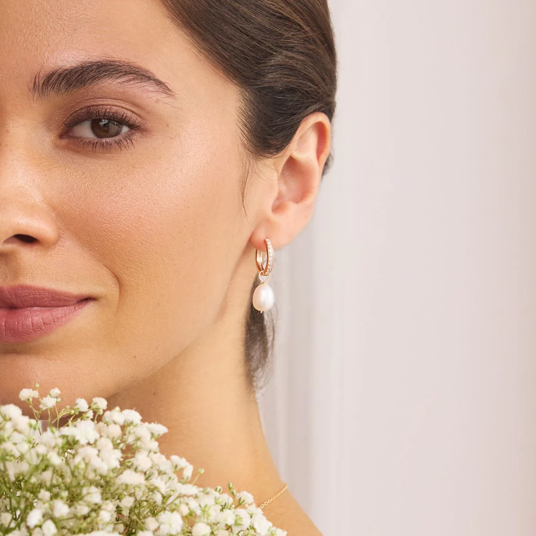 Gold Diamond Style Large Pearl Drop Hoop Earrings - Image 5