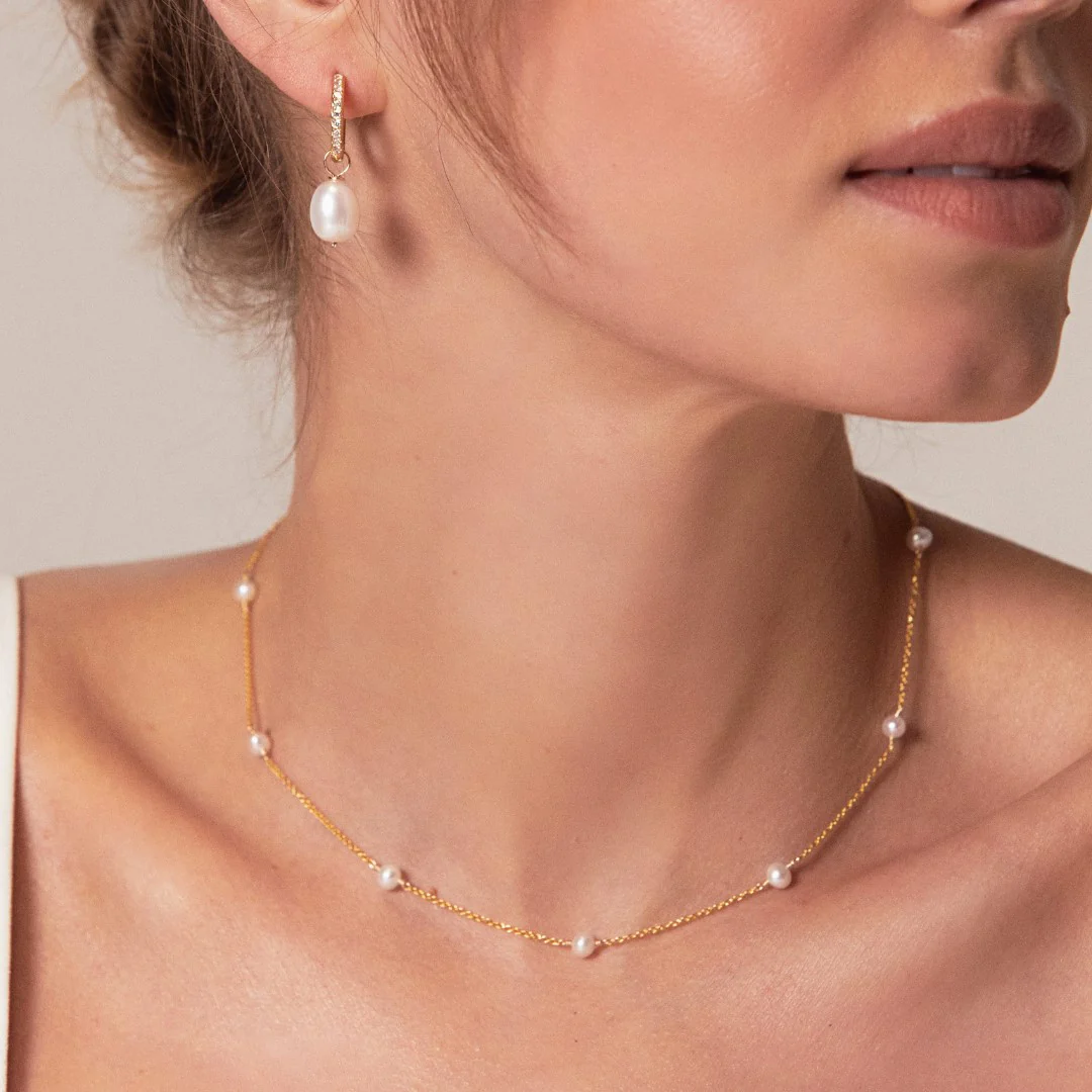 Gold Diamond Style Large Pearl Hoops and Ten Pearl Choker Gift Set - Image 2