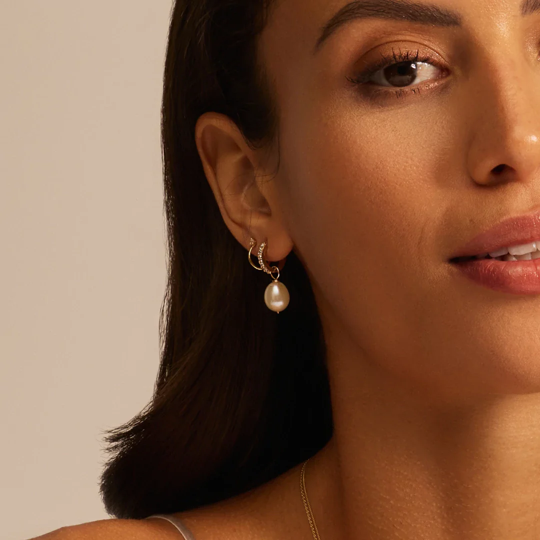 Gold Huggie Pearl Drop Earrings - Image 10