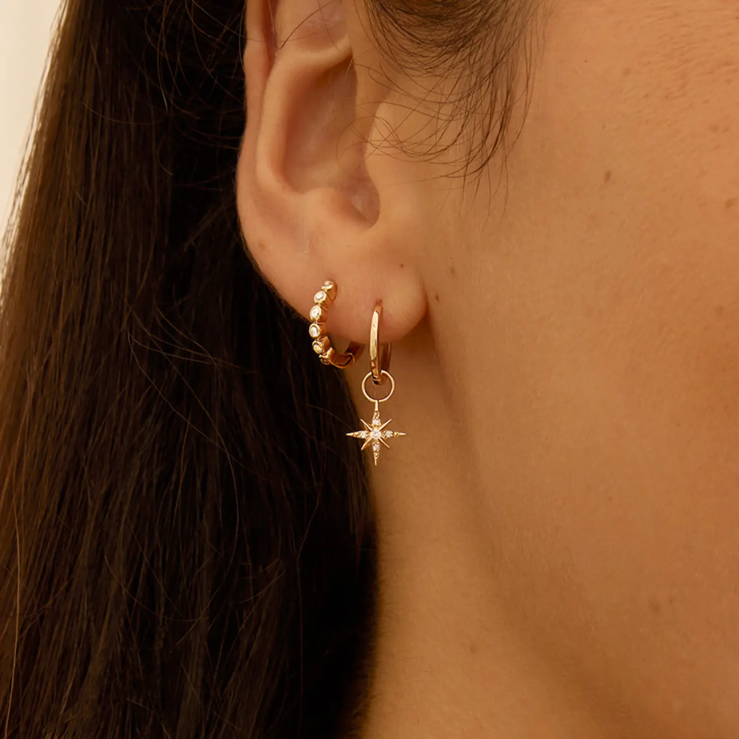 Gold Diamond Style North Star Hoop Earrings - Image 2