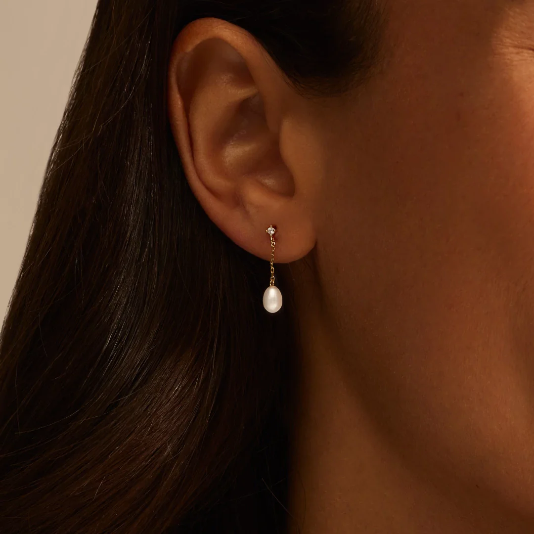 Gold Diamond Style Pearl Drop Stud Earrings - Image 6