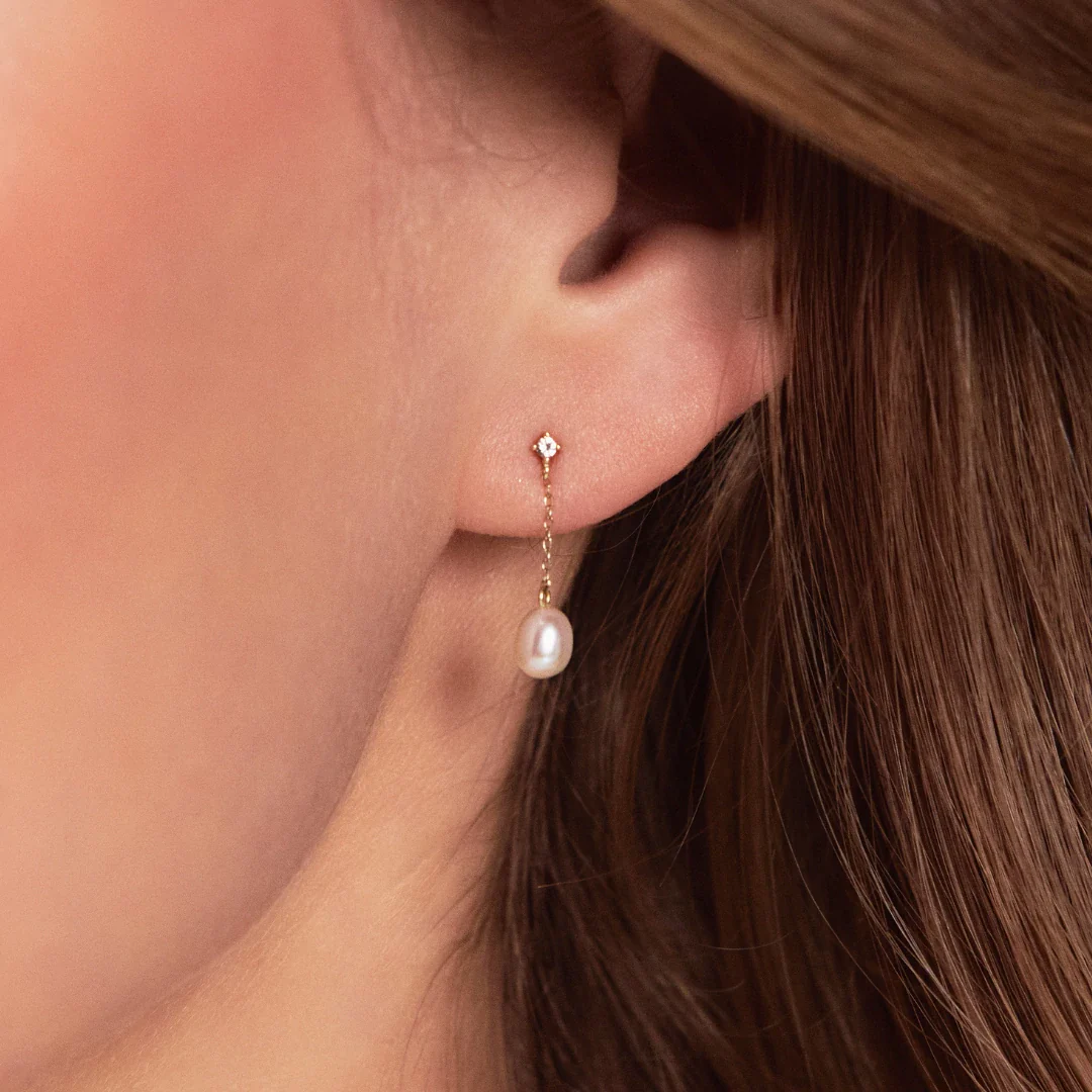 Gold Diamond Style Pearl Drop Stud Earrings - Image 8