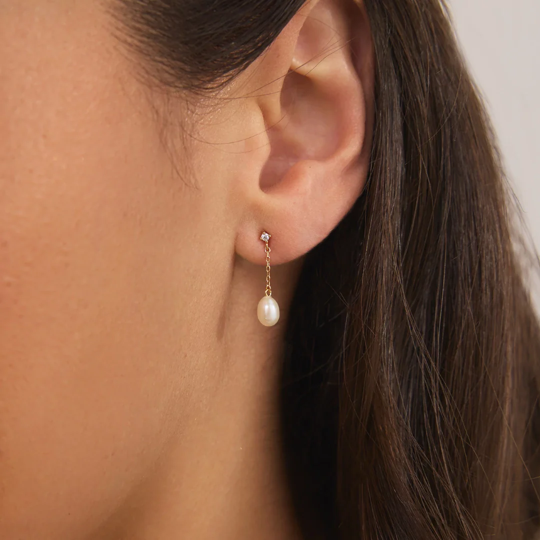 Gold Diamond Style Pearl Drop Stud Earrings - Image 9