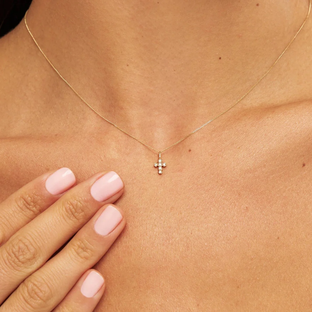 Gold Diamond Style Rounded Tiny Cross Necklace - Image 2