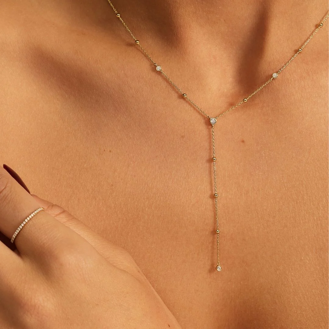Gold Diamond Style Satellite Lariat Necklace - Image 2