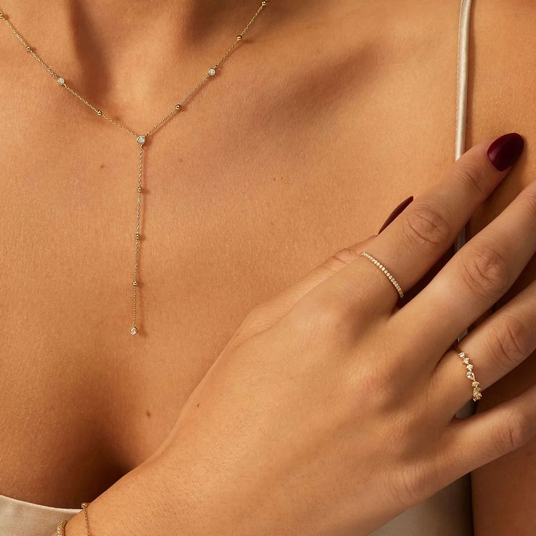 Gold Diamond Style Satellite Lariat Necklace - Image 3