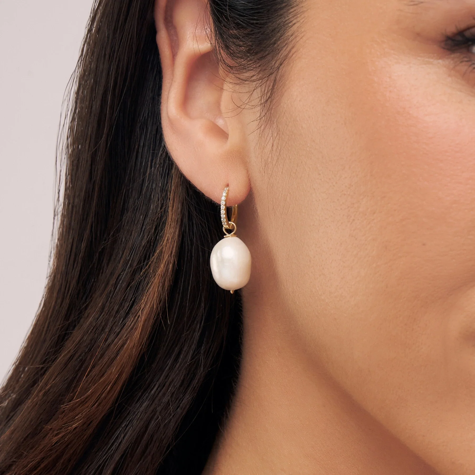 Gold Diamond Style Slim Baroque Pearl Drop Huggie Hoop Earrings - Image 2