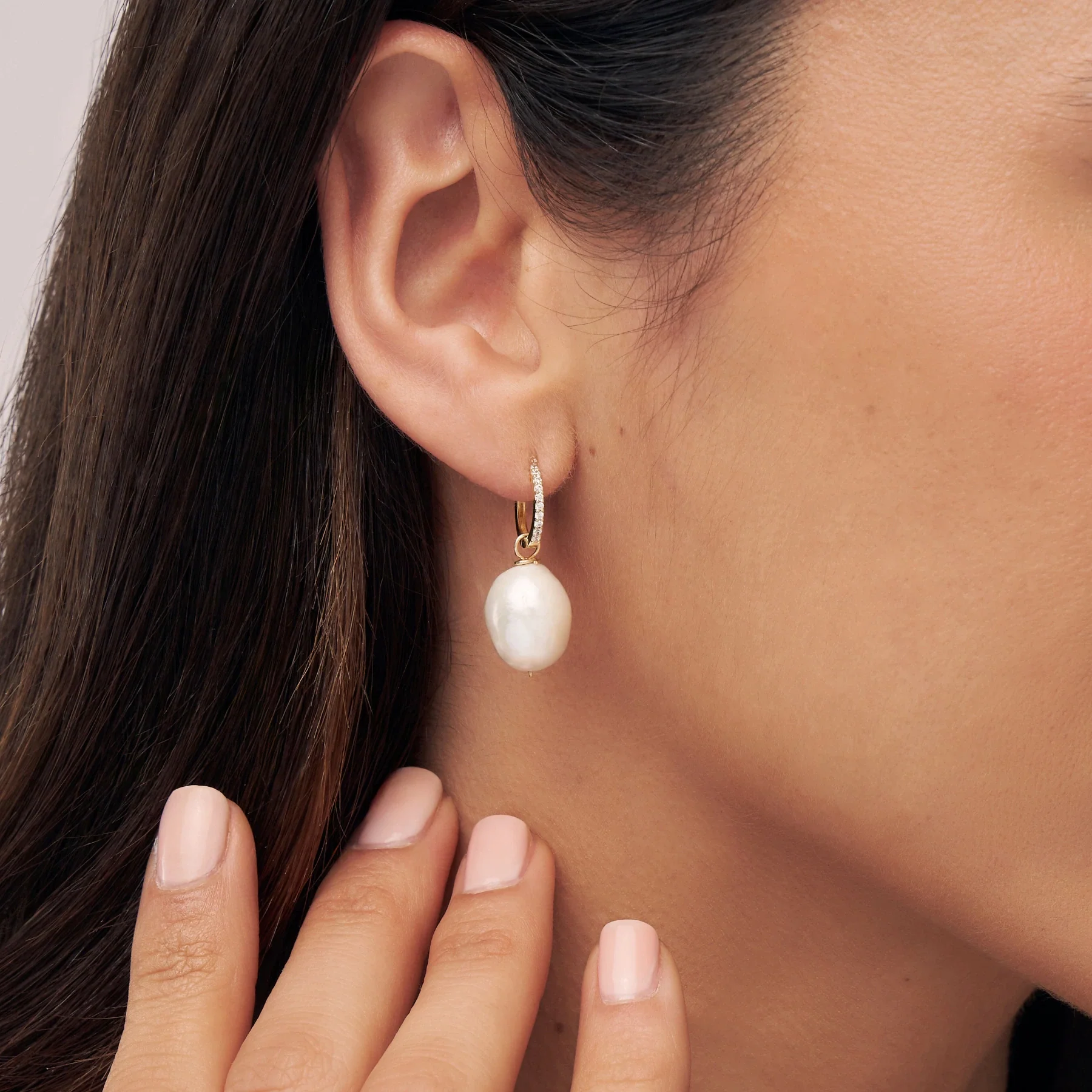 Gold Diamond Style Slim Baroque Pearl Drop Huggie Hoop Earrings - Image 3