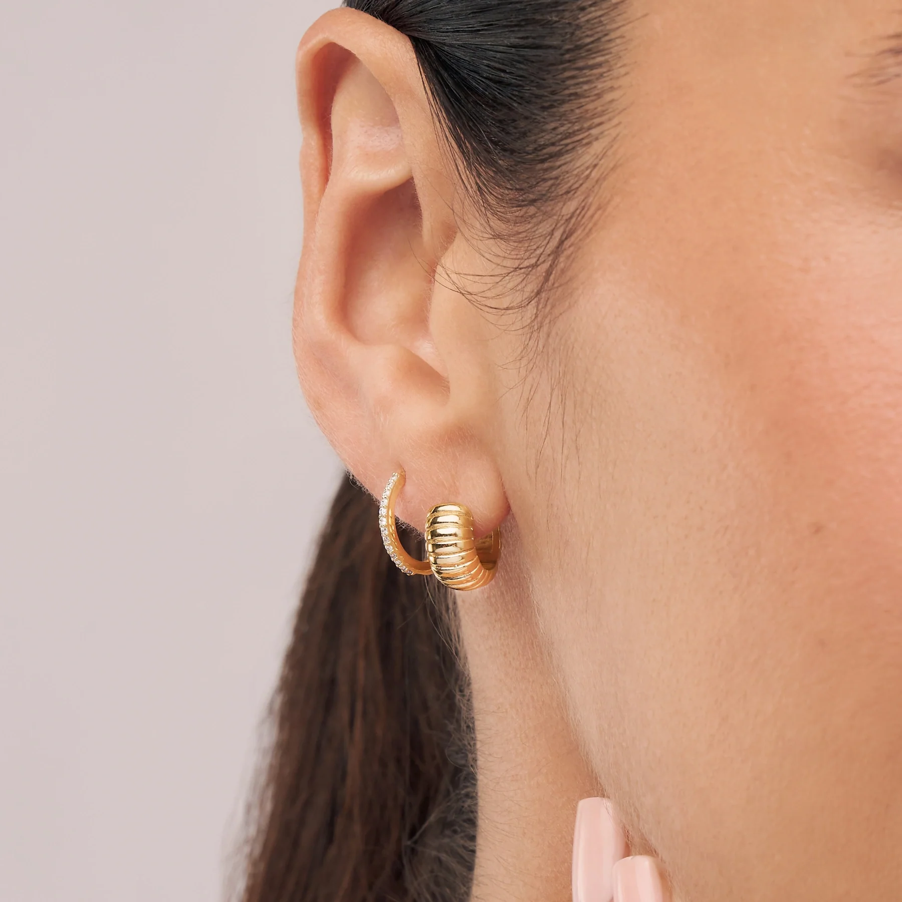Gold Diamond Style Slim Huggie Hoop Earrings - Image 3