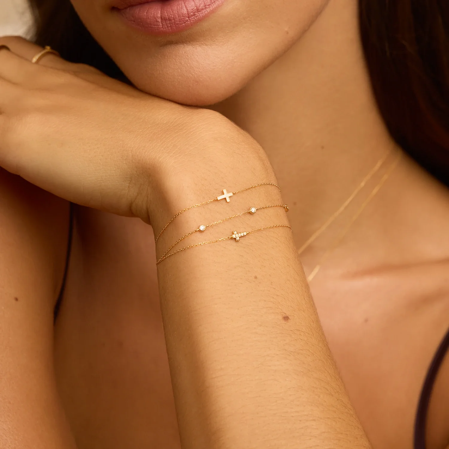 Gold Diamond Style Tiny Cross Bracelet - Image 3