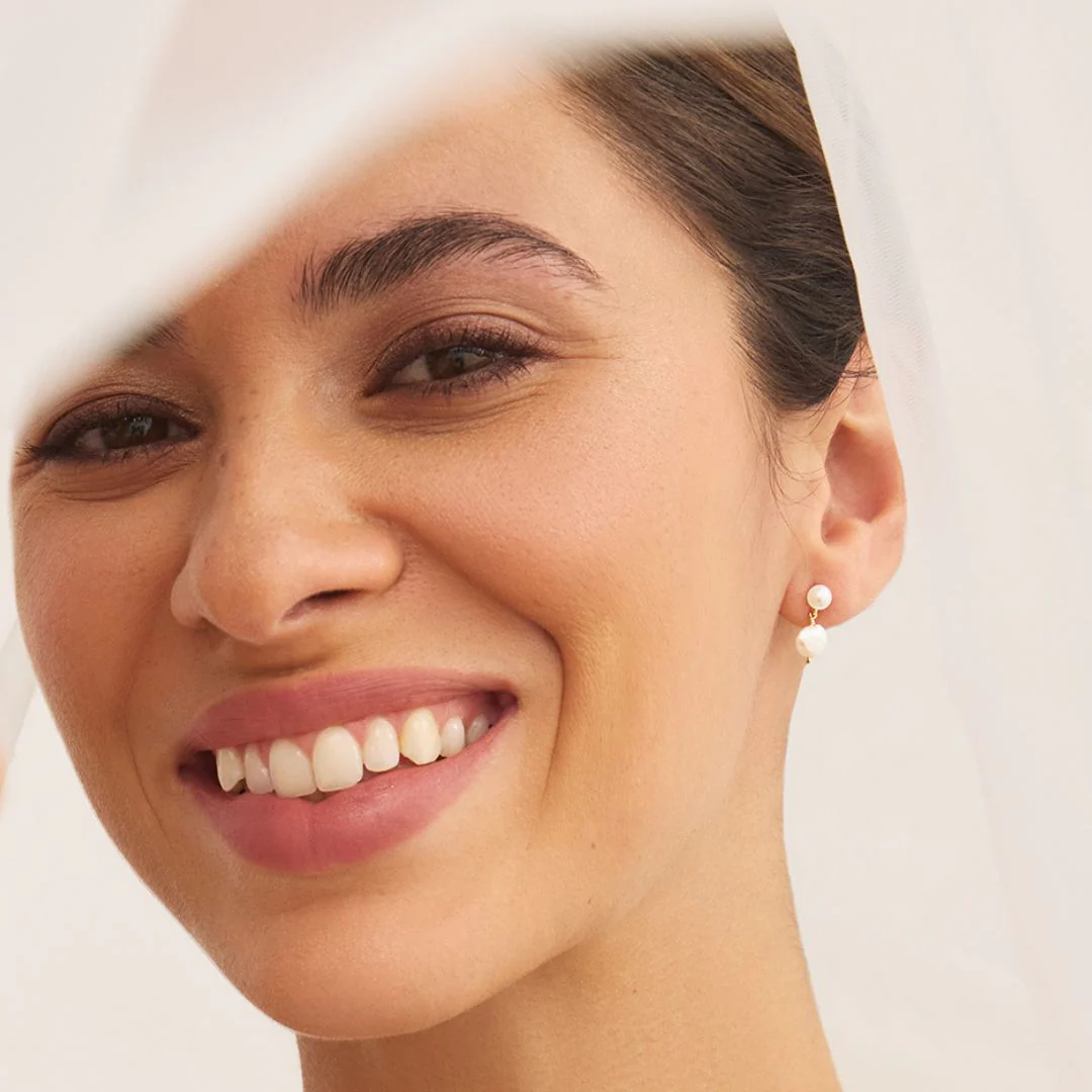 Gold Double Baroque Pearl Drop Stud Earrings - Image 2