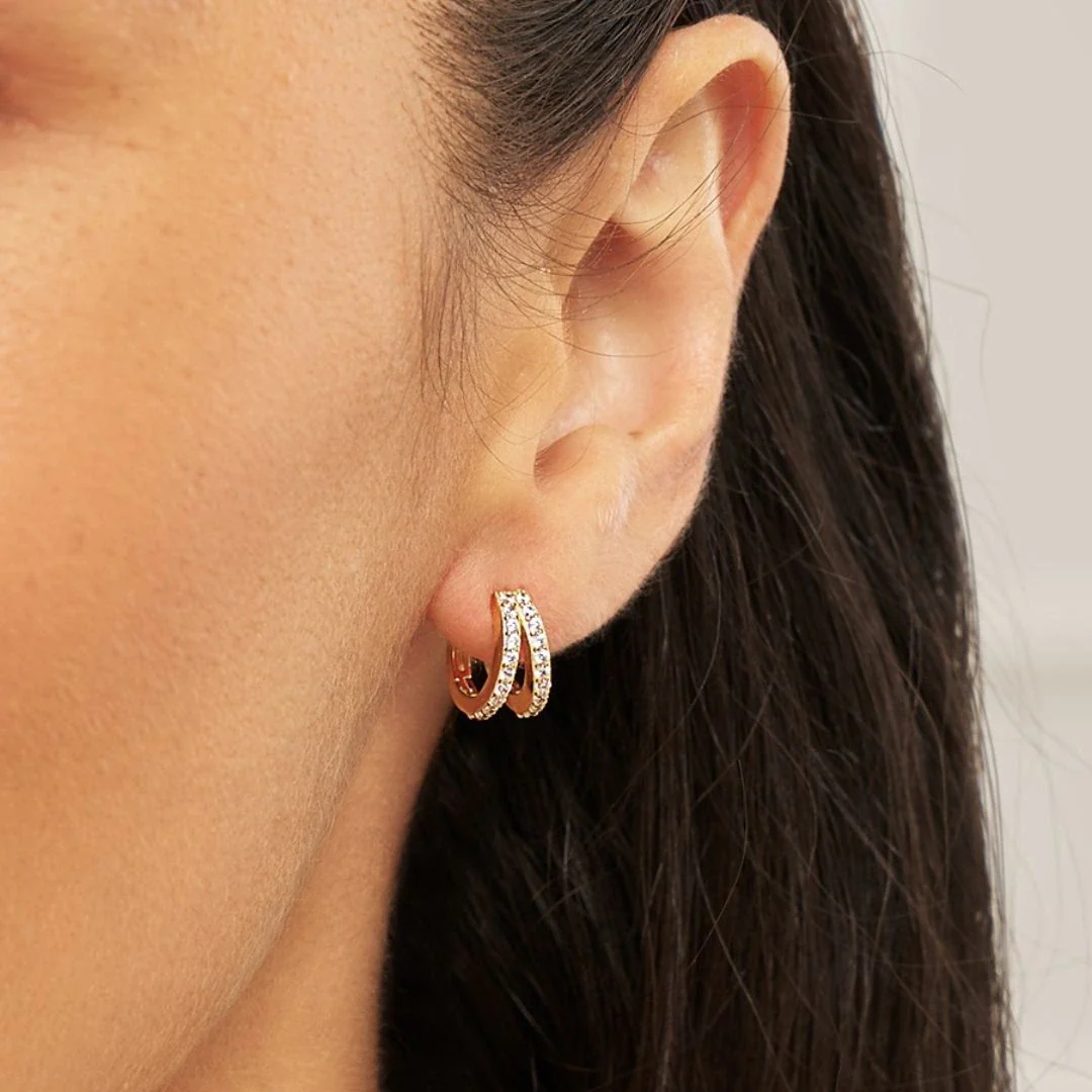 Gold Double Diamond Style Huggie Hoop Earrings - Image 2