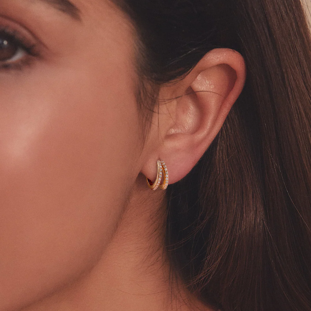 Gold Double Diamond Style Huggie Hoop Earrings - Image 3