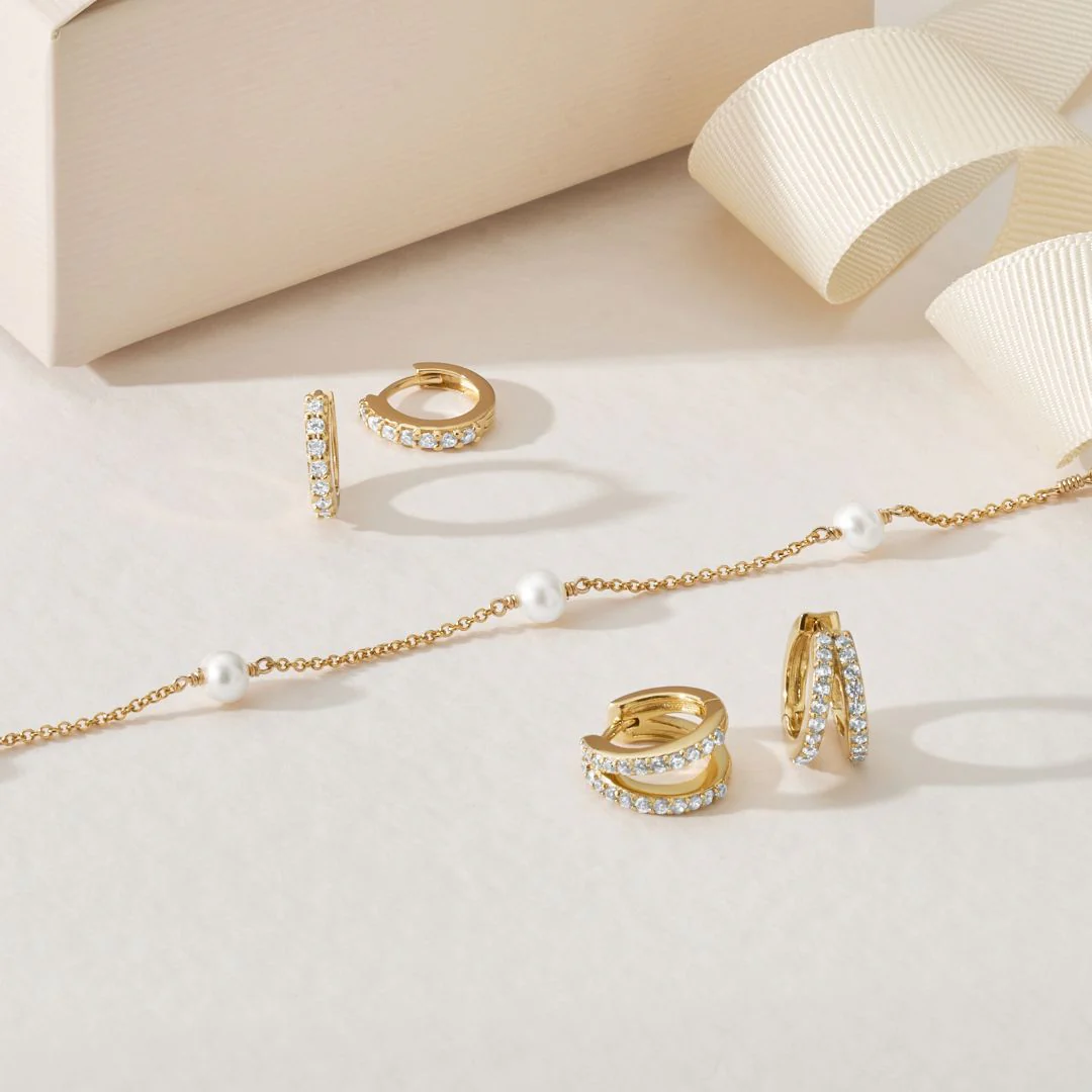 Gold Double Diamond Style Huggie Hoop Earrings - Image 4