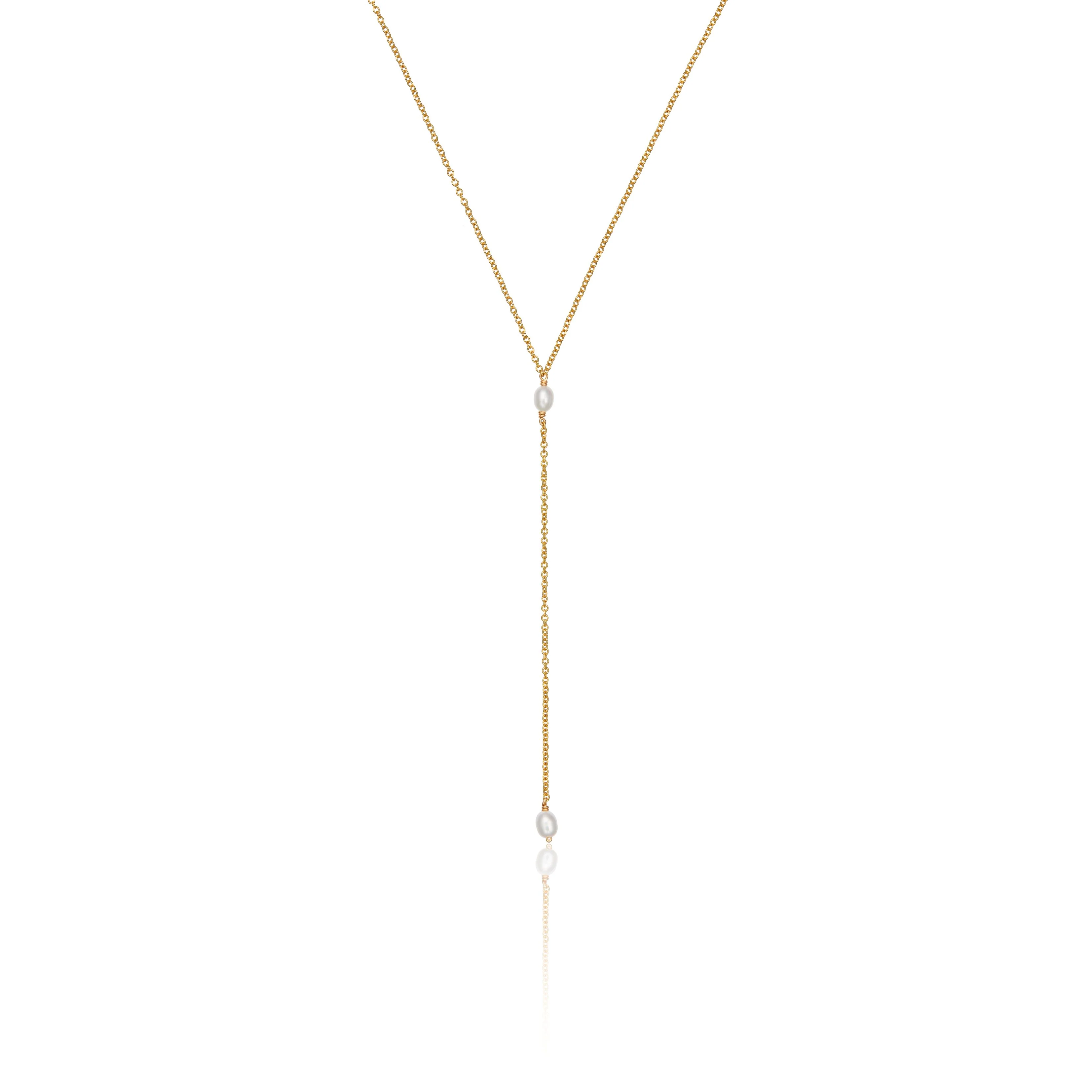 Gold Double Seed Pearl Lariat Necklace