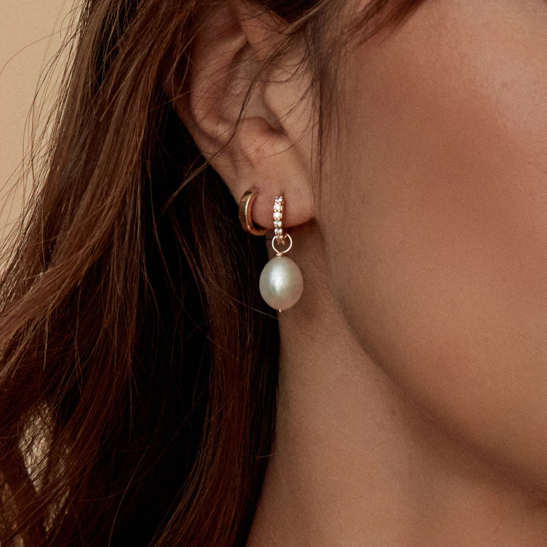 Gold Huggie Pearl Drop Earrings - Image 15