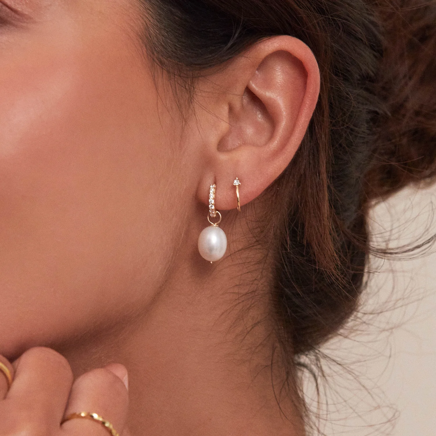 Gold Huggie Pearl Drop Earrings - Image 8