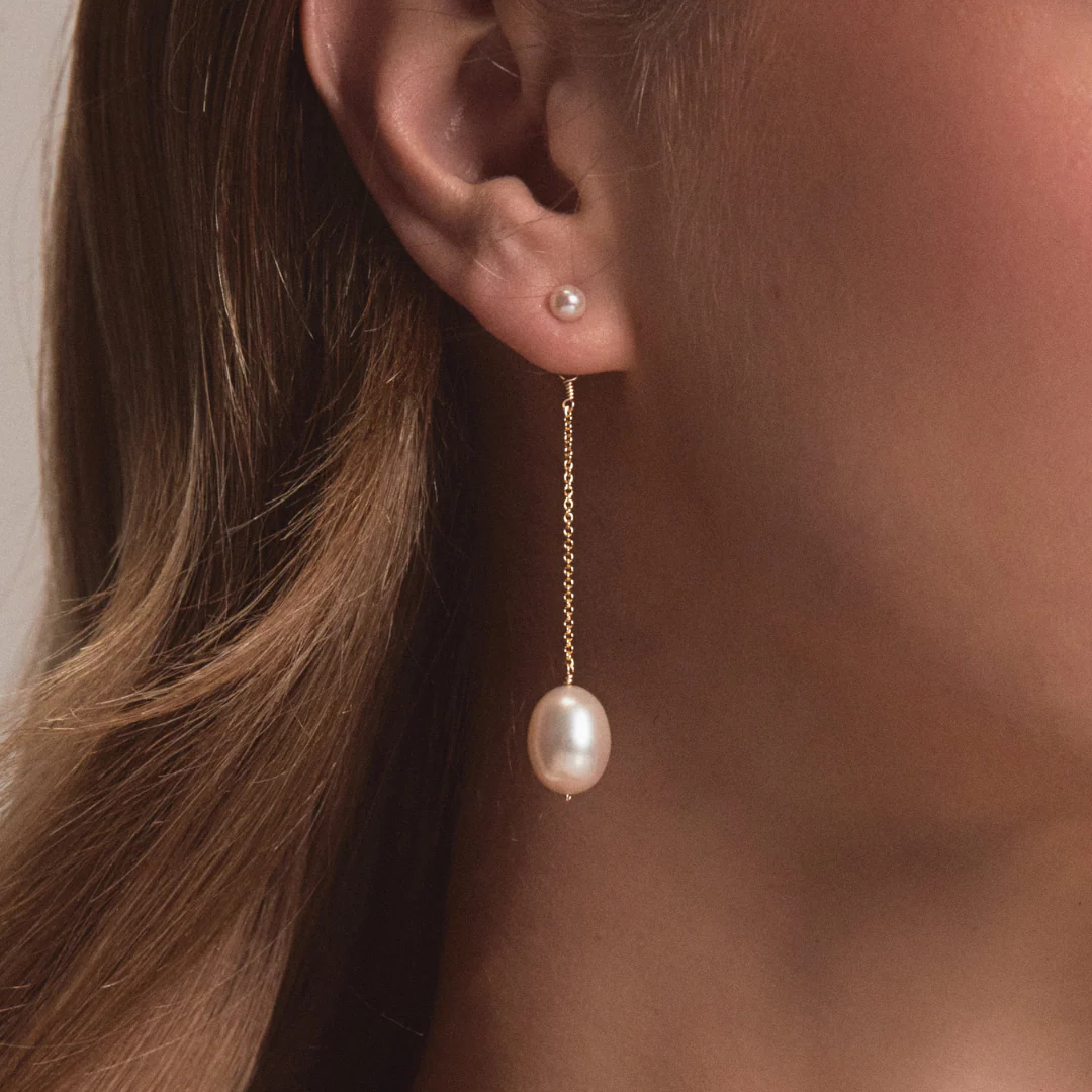 Gold Large and Small Pearl Drop Stud Earrings - Image 2