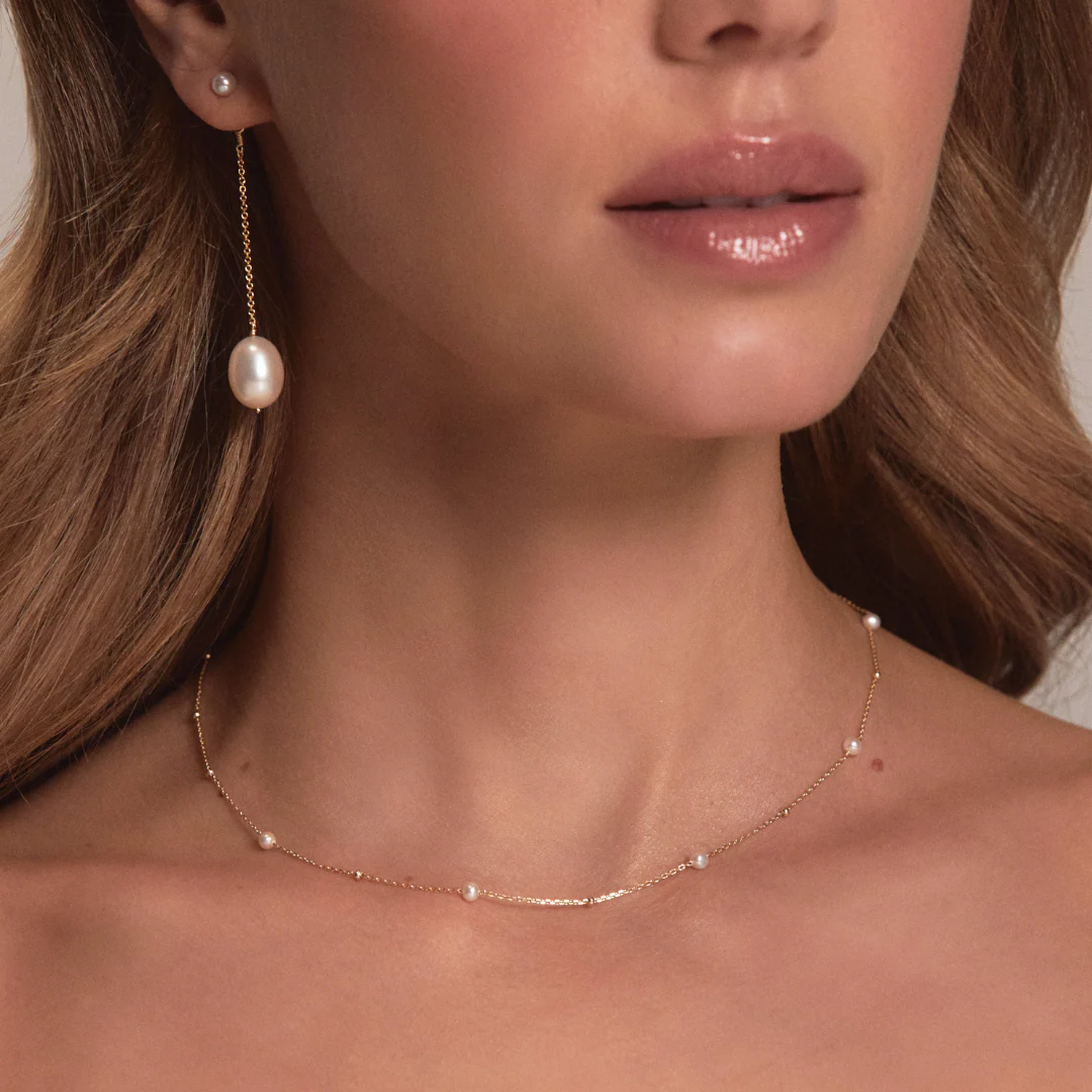 Gold Large and Small Pearl Drop Stud Earrings - Image 3