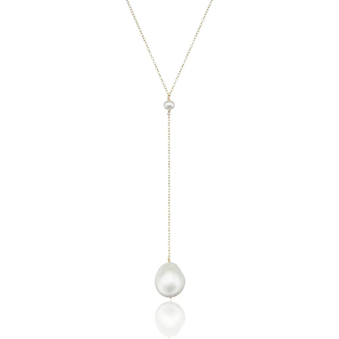 Gold Large Baroque Pearl Lariat Necklace