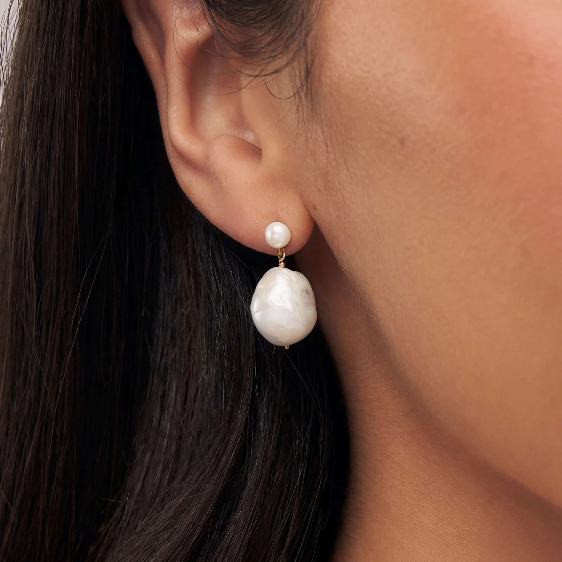 Gold Large Double Baroque Pearl Drop Stud Earrings - Image 2