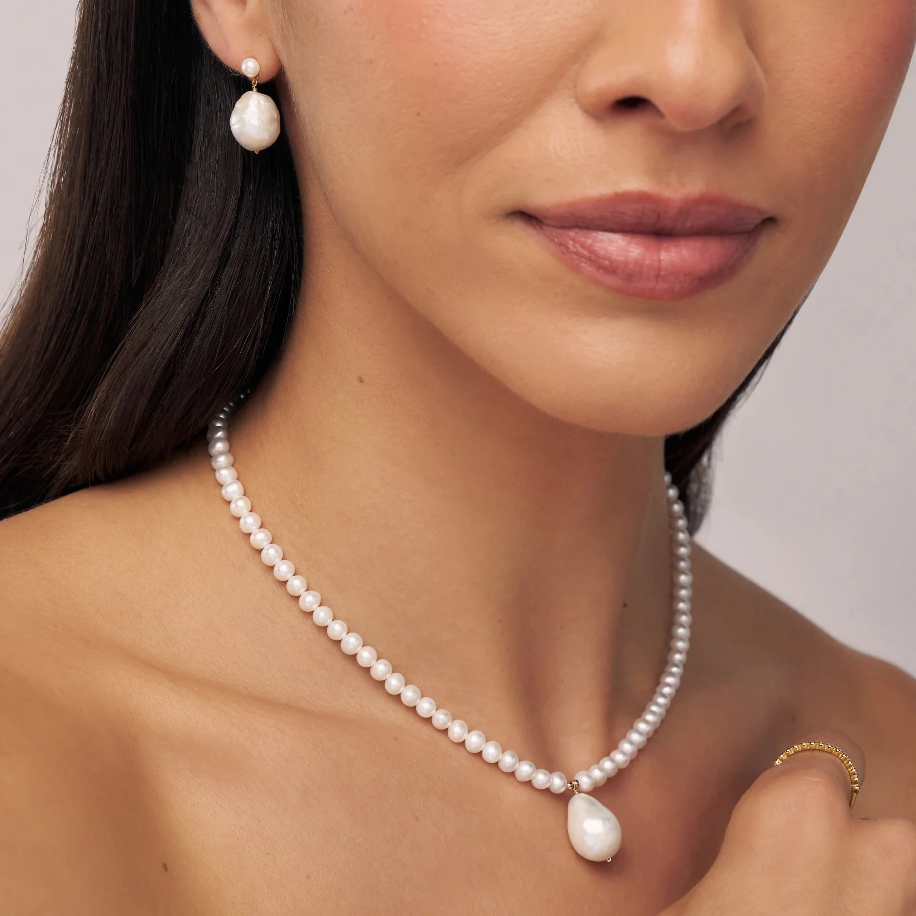 Gold Large Double Baroque Pearl Drop Stud Earrings - Image 3